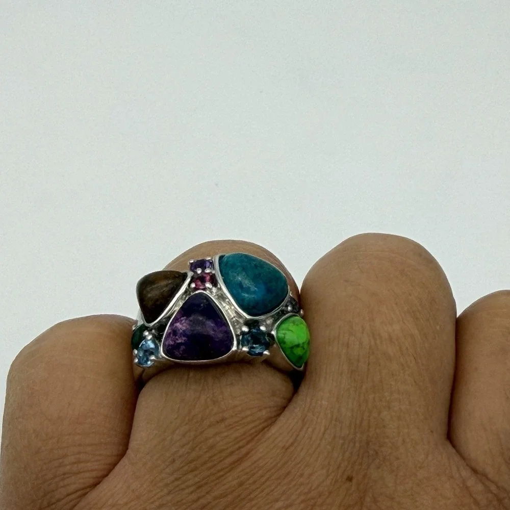 Vtg Lorenzo Sterling Silver Multi Gemstone Ring Turquoise Chrome Diopside QVC S7